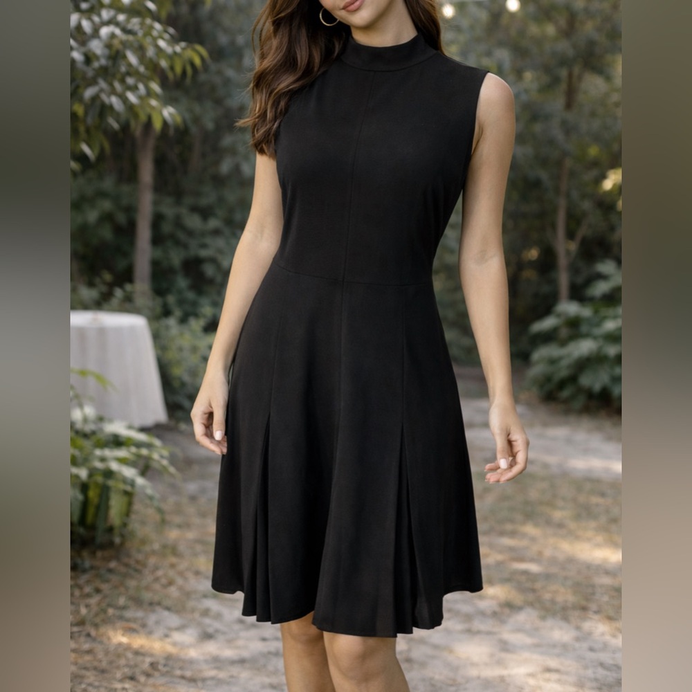 Hugo Boss Sheath Dress 12 Black Sleeveless Mock Neck Pleated A Line Skirt $495